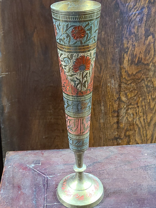 TALL BRASS INDIAN VASE WITH COLOR INCISED