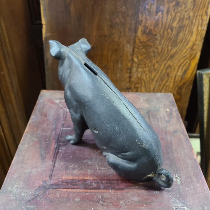 CAST IRON LARGE PIG BANK ON SOAPSTONE BASE