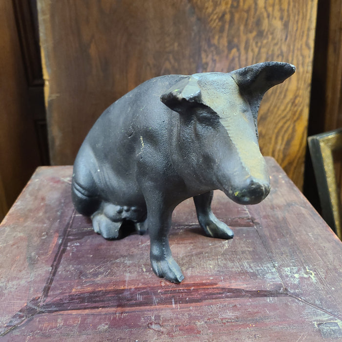 CAST IRON LARGE PIG BANK ON SOAPSTONE BASE