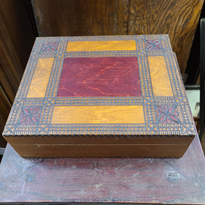 INCISED WOODEN BOX WITH RED HIGHLIGHTS