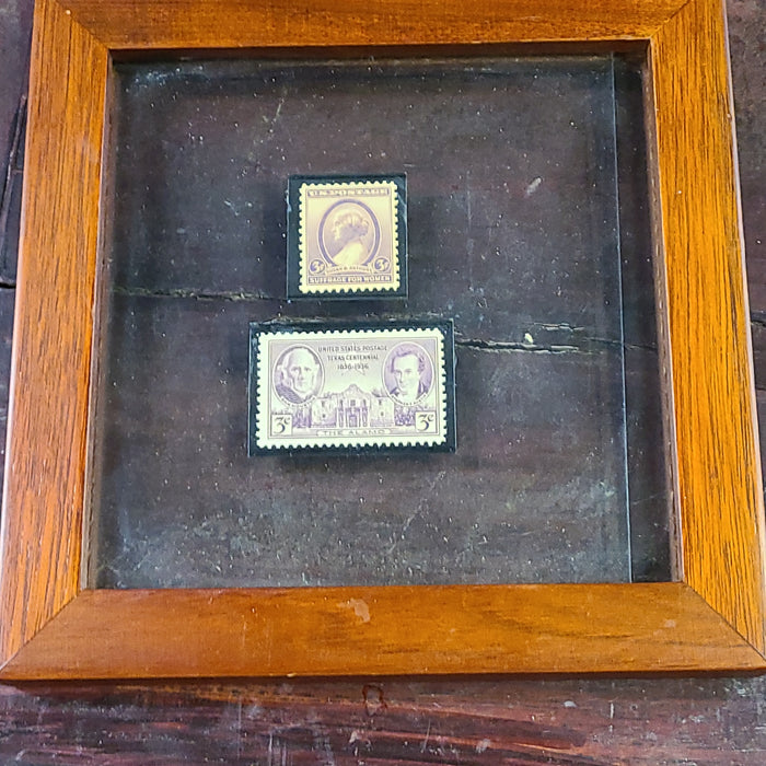 FRAMED STAMPS WITH SUSAN B ANTHONY AND THE TEXAS CENTENNIAL