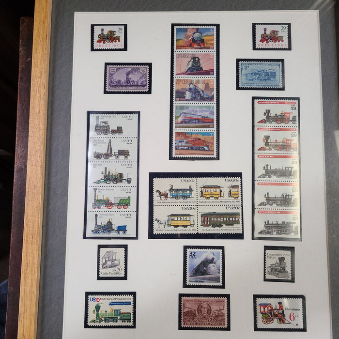 FRAMED COLLECTION OF RAILROAD STAMPS