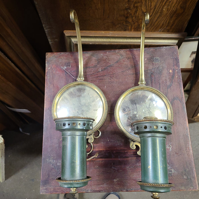 PAIR BRASS SCONCES WITH REFLECTOR MIRRORS