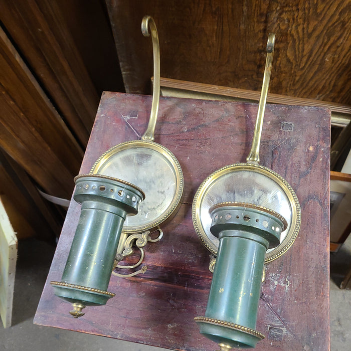 PAIR BRASS SCONCES WITH REFLECTOR MIRRORS