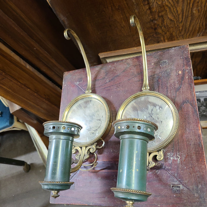 PAIR BRASS SCONCES WITH REFLECTOR MIRRORS