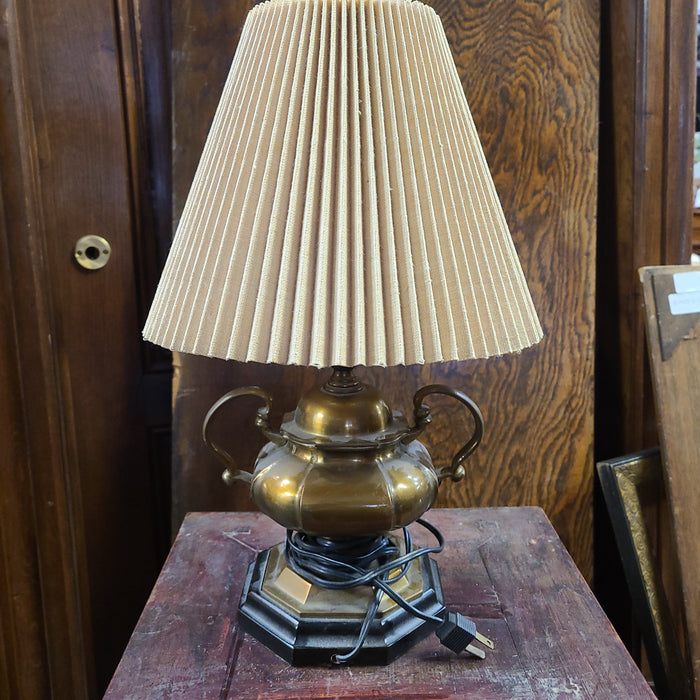 HEAVY BRASS SMALL LAMP ON WOOD BASE