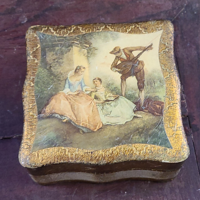 SMALL ITALIAN WOOD BOX WITH 3 FIGURES ON IT