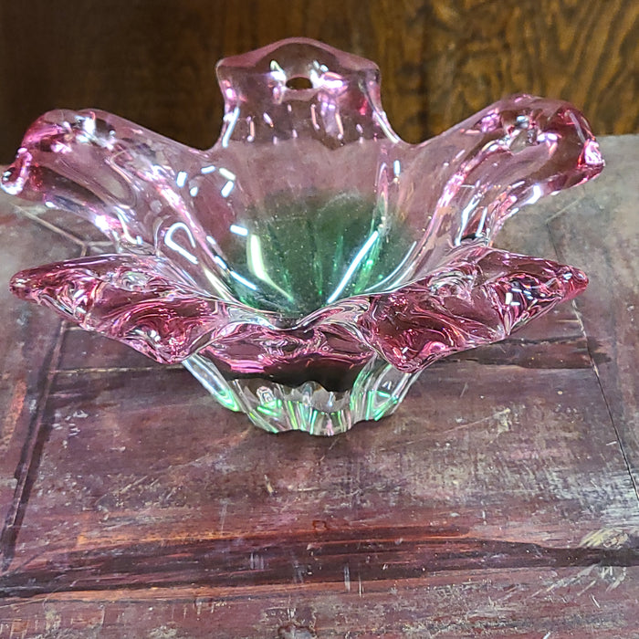 CRANBERRY AND GREEN ART GLASS DISH