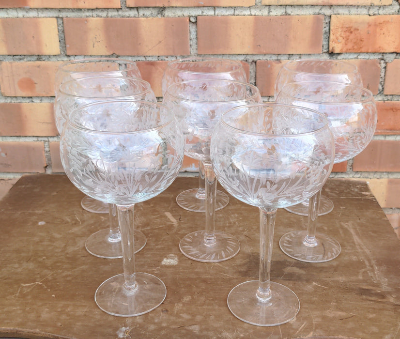 SET OF EIGHT ETCHED GLASS WINE GLASSES