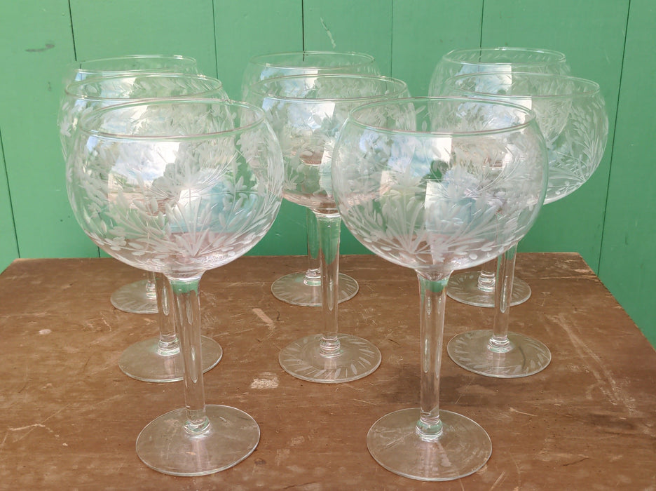 SET OF EIGHT ETCHED GLASS WINE GLASSES