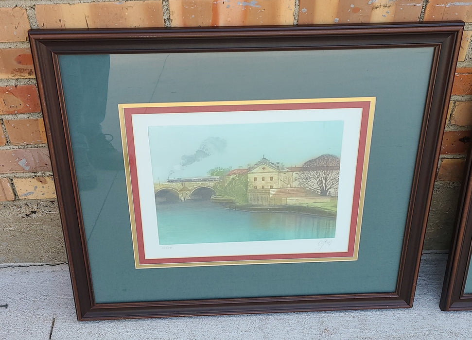 FRAMED COLOR LITHO OF TRAIN AND BRIDGE