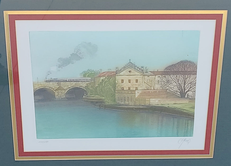 FRAMED COLOR LITHO OF TRAIN AND BRIDGE