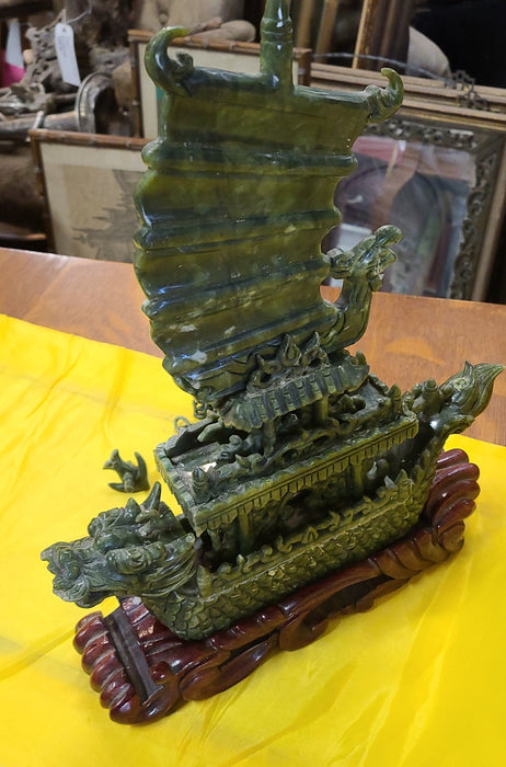 AS IS JADE DRAGON SHIP ON WOOD BASE