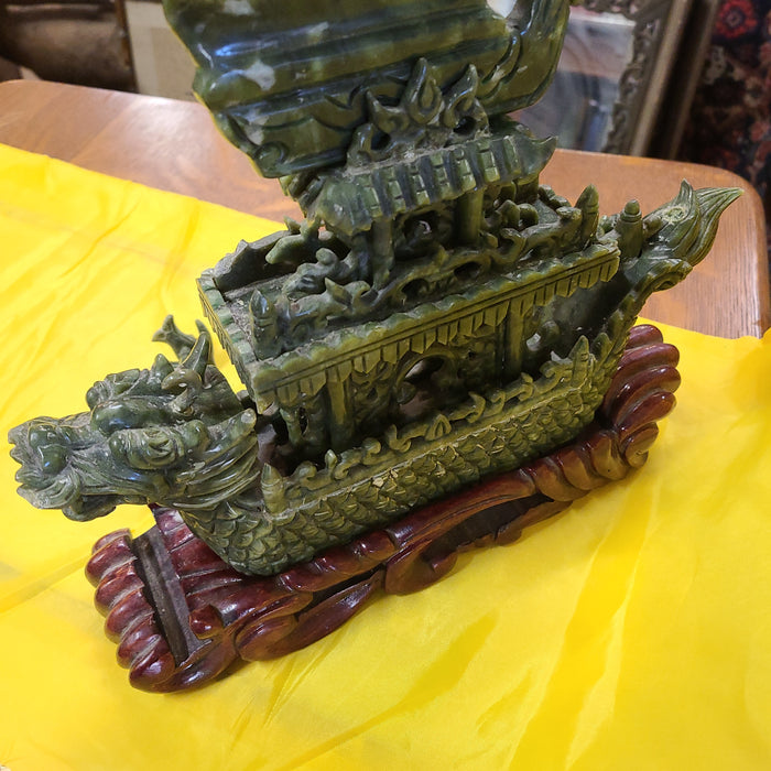 AS IS JADE DRAGON SHIP ON WOOD BASE