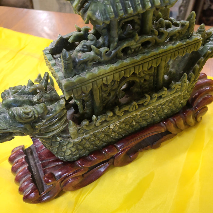 AS IS JADE DRAGON SHIP ON WOOD BASE