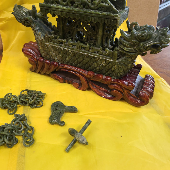 AS IS JADE DRAGON SHIP ON WOOD BASE