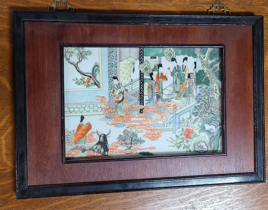 FRAMED ASIAN PORCELAIN TILE WITH LADIES AND A BULL