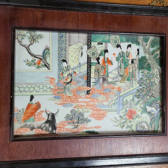 FRAMED ASIAN PORCELAIN TILE WITH LADIES AND A BULL