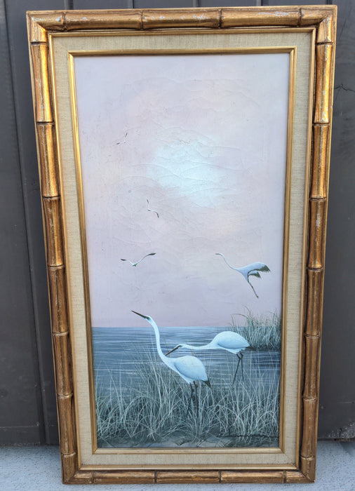 OIL PAINTING OF CRANES IN FAUX BAMBOO FRAME