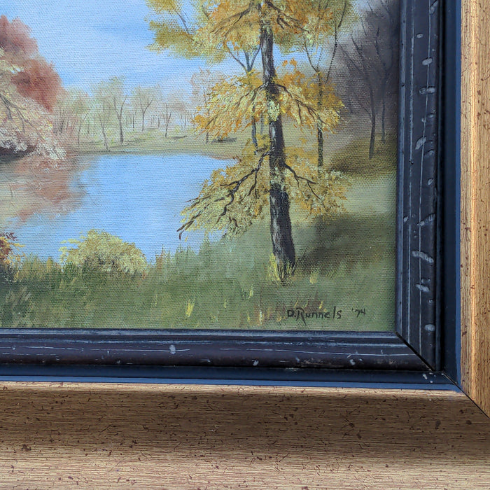 FRAMED  OIL PAINTING OF TREE BY A POND SIGNED D RUNNELS 1974