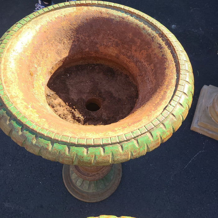PAIR TALL GREEN IRON URNS