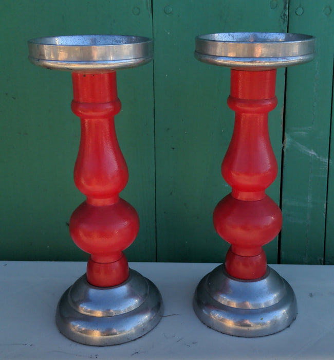 RED PAINTED CANDLE STANDS WITH CHROME BASES