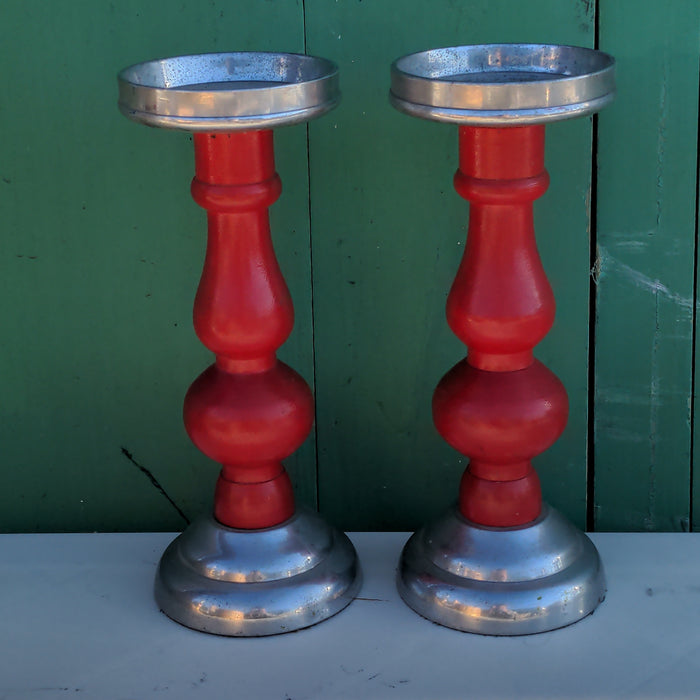 RED PAINTED CANDLE STANDS WITH CHROME BASES