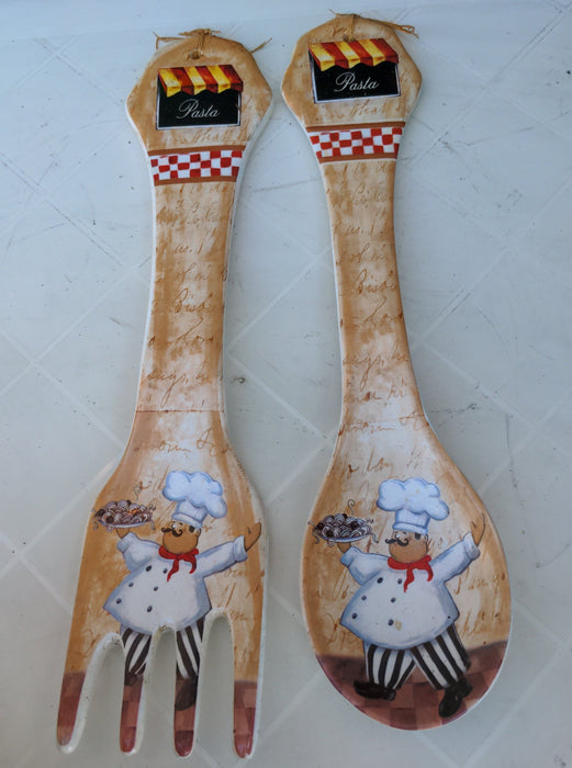 LARGE CERAMIC CHEF SPOON AND FORK WALL HANGERS