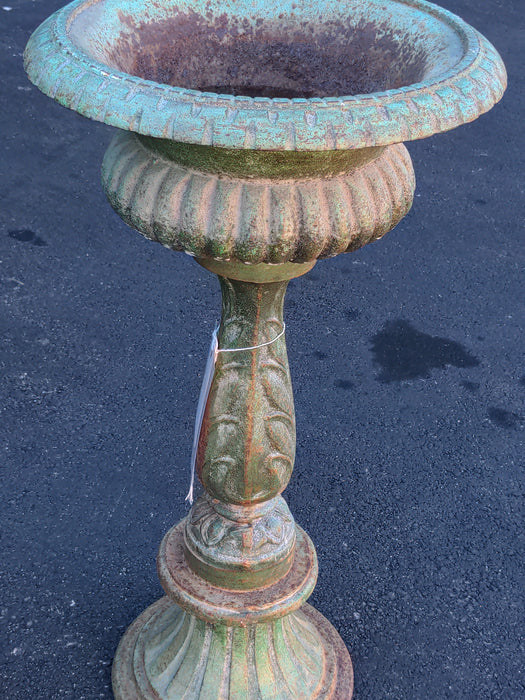 PAIR TALL GREEN IRON URNS