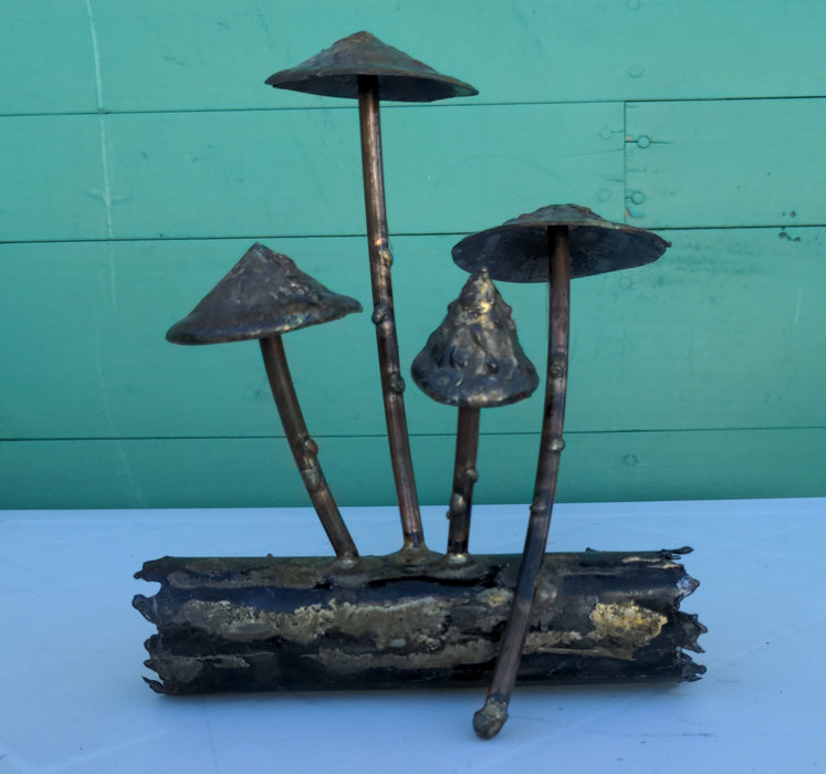 SMALL GOLD AND BLACK METAL MUSHROOMS ON LOG BRUTALIST SCULPTURE