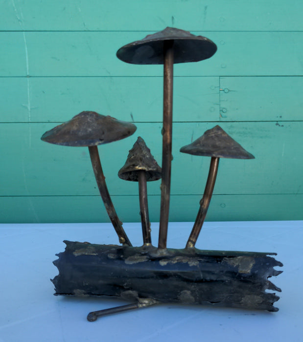 SMALL GOLD AND BLACK METAL MUSHROOMS ON LOG BRUTALIST SCULPTURE