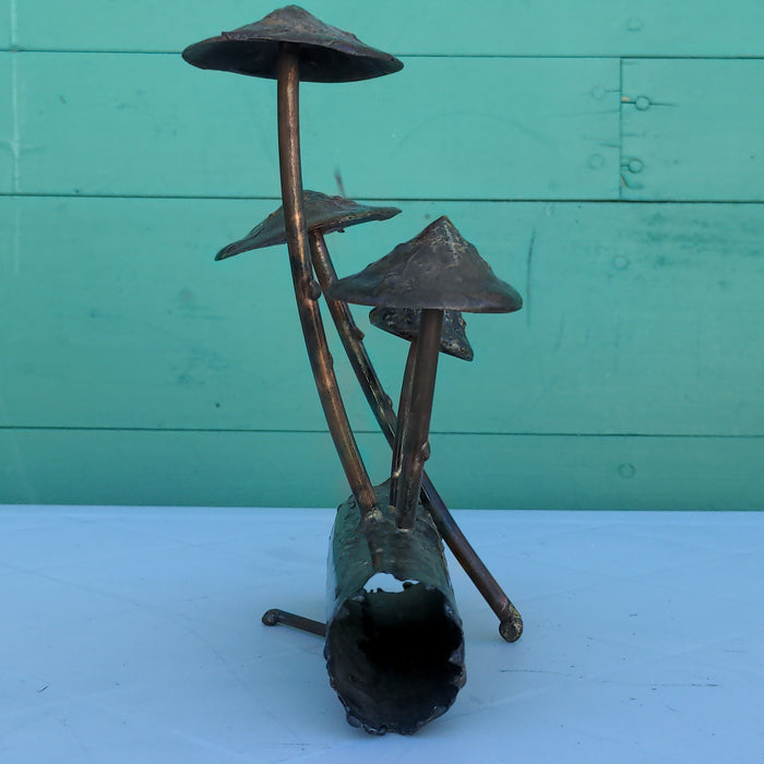 SMALL GOLD AND BLACK METAL MUSHROOMS ON LOG BRUTALIST SCULPTURE