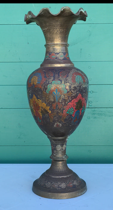 LARGE BRASS ETCHED AND PAINTED VASE