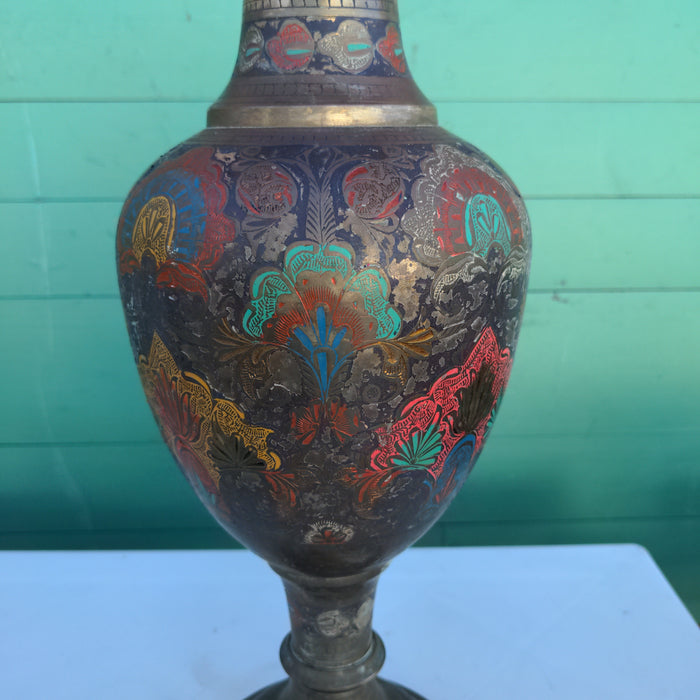 LARGE BRASS ETCHED AND PAINTED VASE