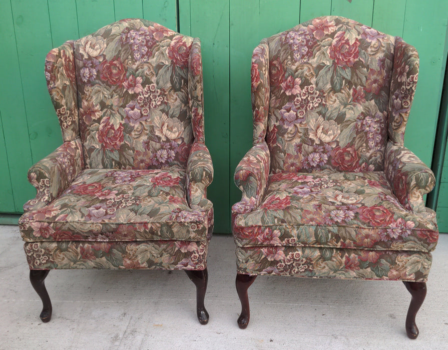 PAIR OF WINGBACK ARMCHAIRS WITH QUEEN ANNE FEET