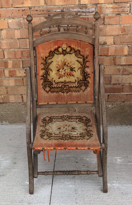 VICTORIAN FOLDING CHAIR WITH NEEDLEPOINT SEAT AND BACK