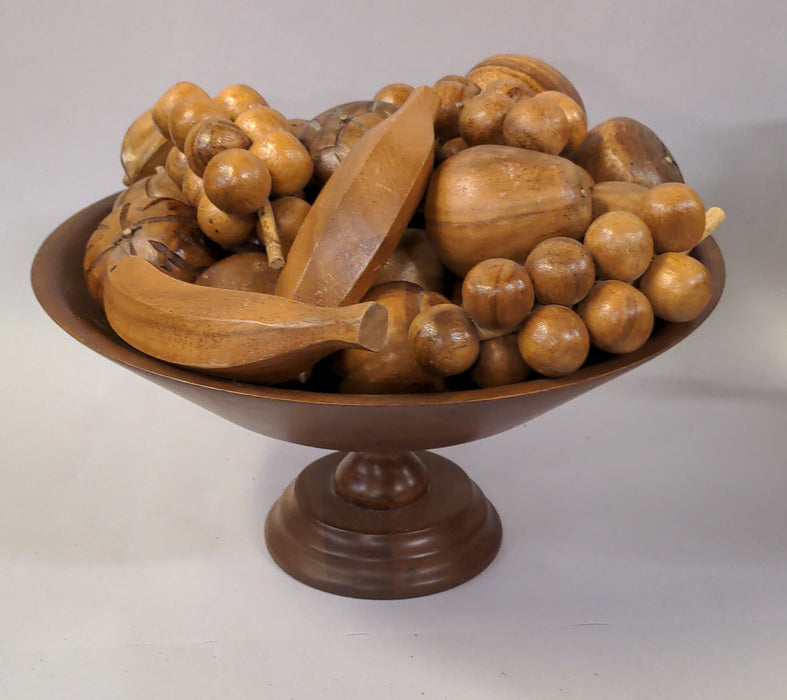 WOOD PEDESTAL BOWL WITH CARVED WOOD FRUIT