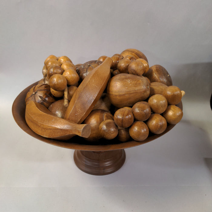 WOOD PEDESTAL BOWL WITH CARVED WOOD FRUIT