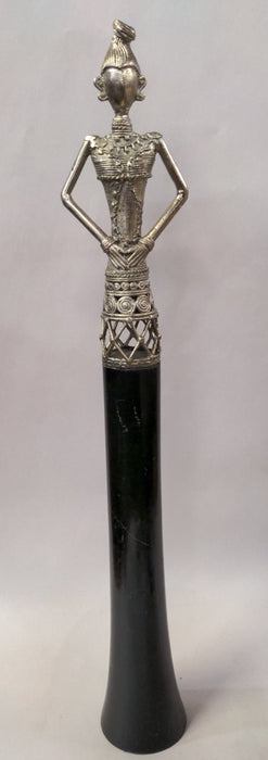 TALL SILVER METAL FIGURAL LADY SCULPTURE ON TALL BASE