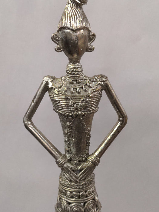 TALL SILVER METAL FIGURAL LADY SCULPTURE ON TALL BASE