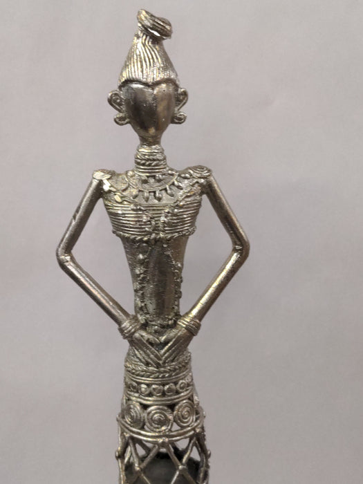 TALL SILVER METAL FIGURAL LADY SCULPTURE ON TALL BASE
