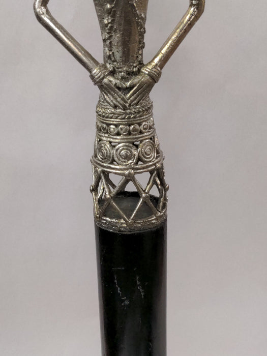 TALL SILVER METAL FIGURAL LADY SCULPTURE ON TALL BASE