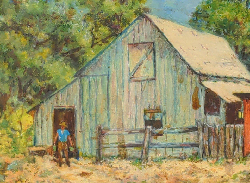 PRIMITIVE BARN OIL PAINTING