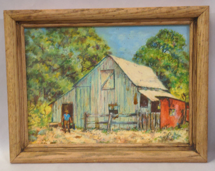 PRIMITIVE BARN OIL PAINTING