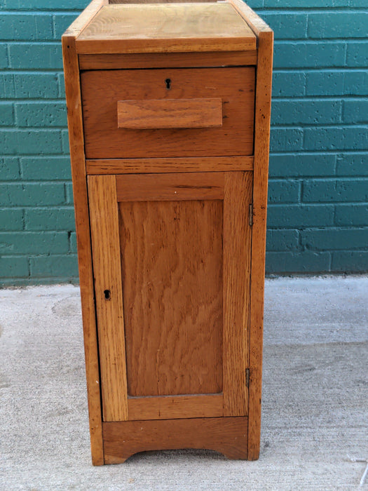 OAK PEDESTAL BASE WITH CABINET AND DRAWER