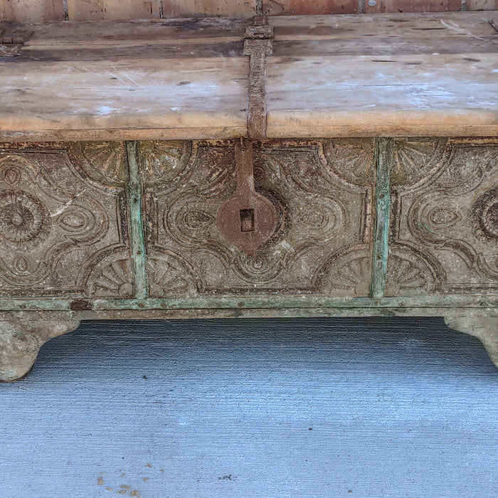 INDIAN TRUNK COFFE TABLE WITH IRON STRAPS AND GREEN PAINT