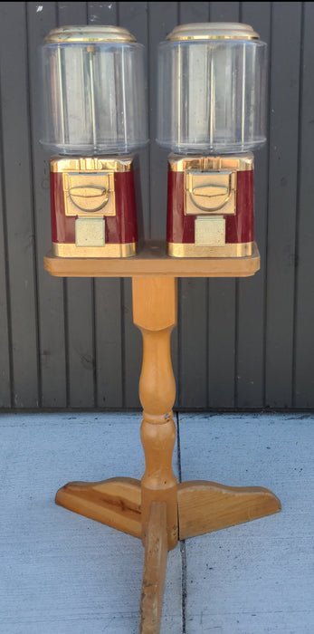 PAIR OF GUMBALL MACHINES ON PINE STAND