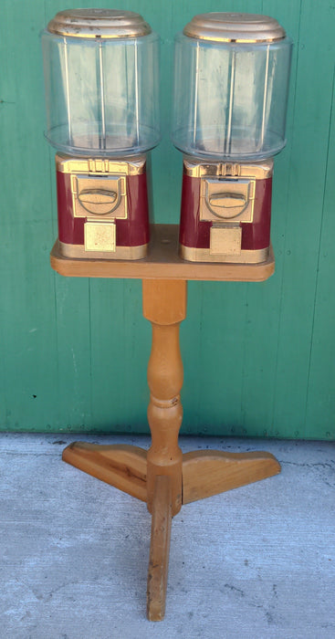 PAIR OF GUMBALL MACHINES ON PINE STAND