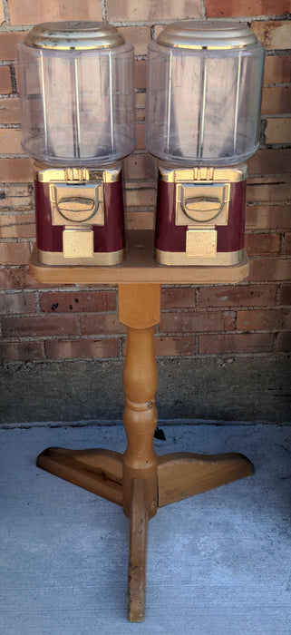 PAIR OF GUMBALL MACHINES ON PINE STAND
