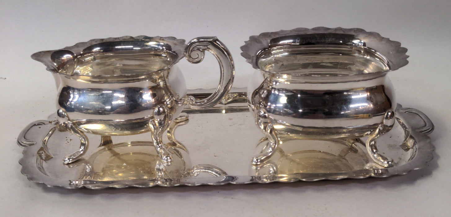 SILVER PLATE CREAMER AND SUGAR ON TRAY